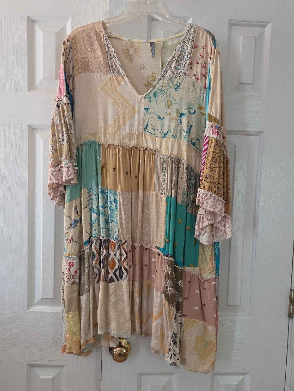 Blue Sky Multi-Color Patchwork Boho Dress Size L Like New